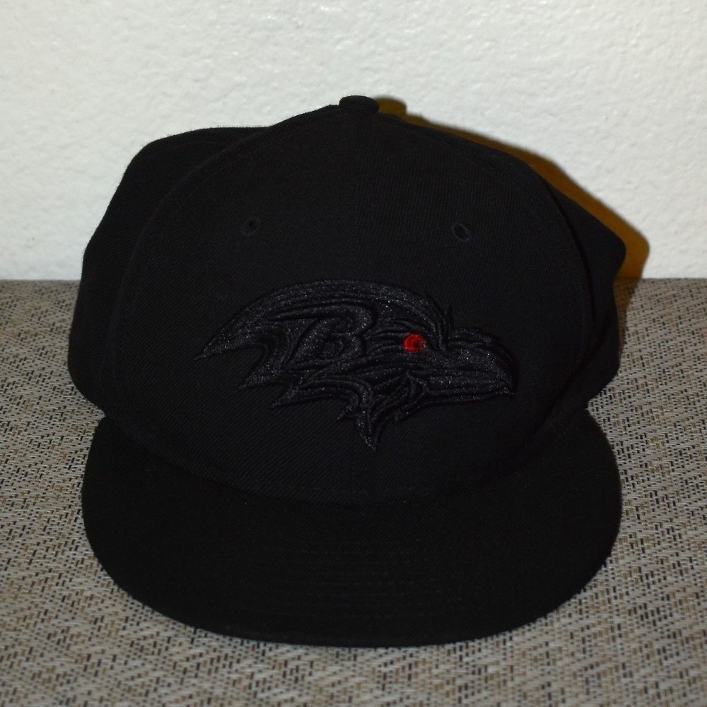 New Era 59FIFTY Fitted Hat Mens‎ 7 1/2 Black Baltimore Ravens Excellent Blackout